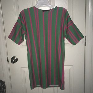 Green w/ pink stripes T-shirt dress.